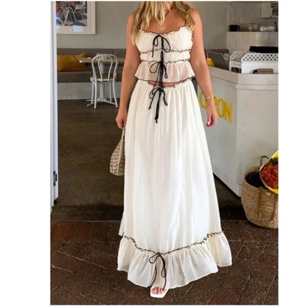 Boho Tie Lined Cami Top Maxi Skirt Set - Picture 1 of 6